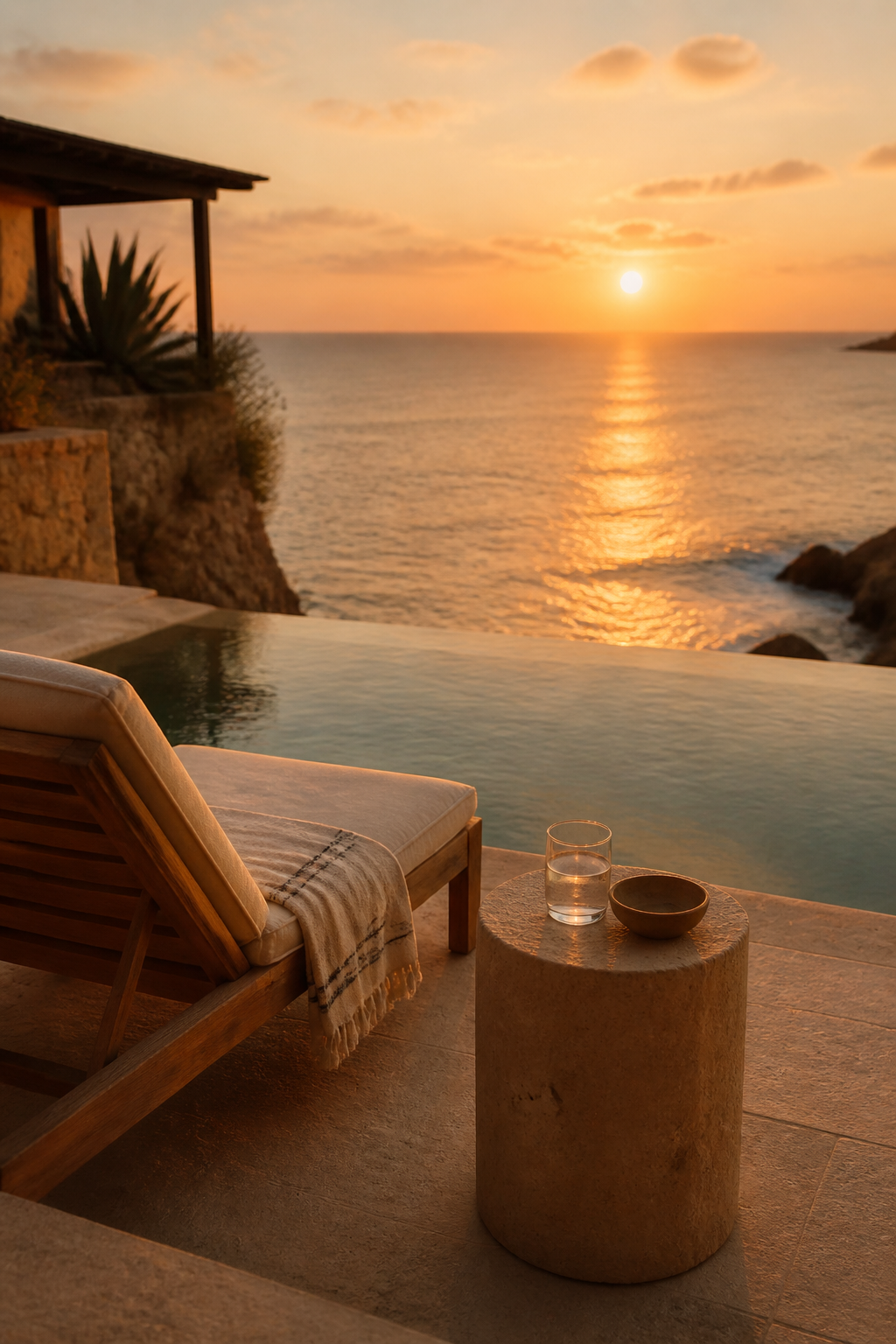 Golden hour over a quiet villa terrace and open water