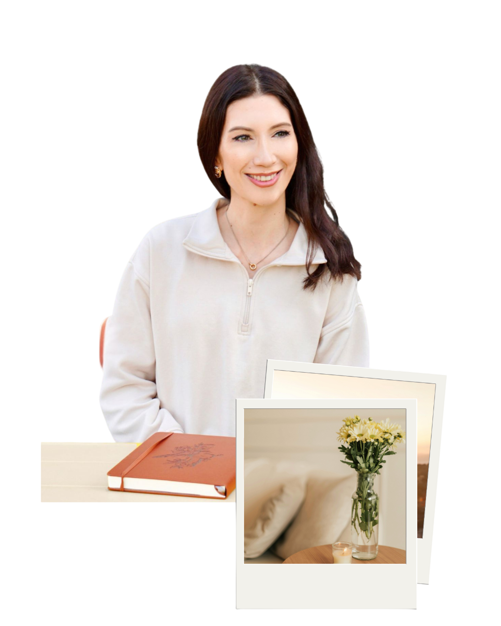 Darya at her desk with journal — calm, supportive space for inner work